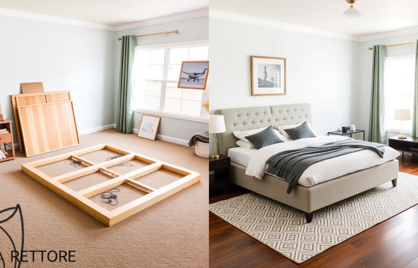 Before and after of a bedroom: unassembled bed frame rails and headboard panels lying on the carpet on the left, the completed upholstered platform bed made up with linens on the right.