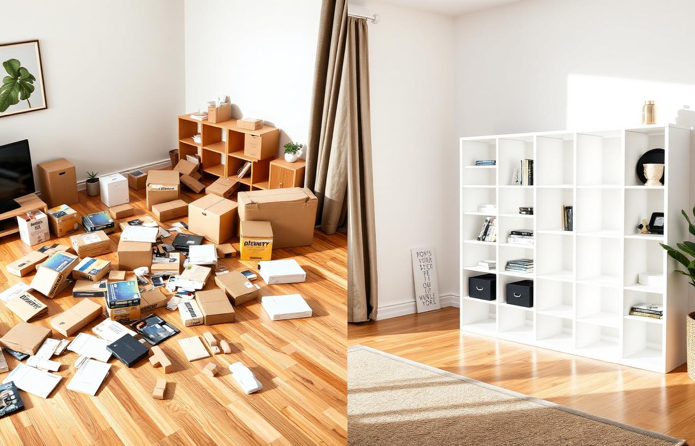 Before and after of a Fort Lauderdale living room shelving project: flat-pack boxes on the floor on the left, the assembled and anchored white bookshelf on the right.