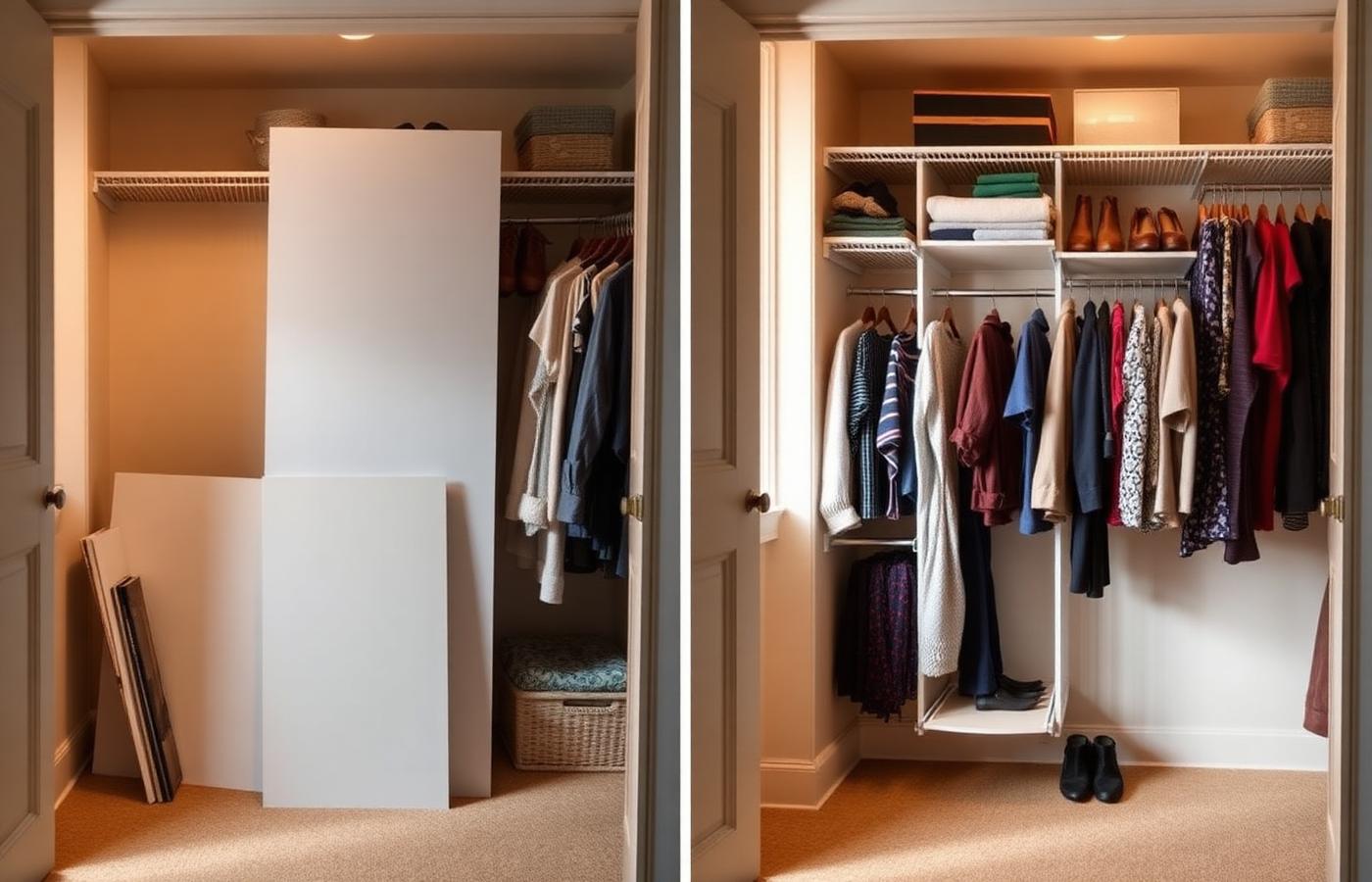 Before and after of a walk-in closet: flat-pack organizer panels leaning against the wall on the left, the installed shelving tower with hanging rods and folded clothing on the right.
