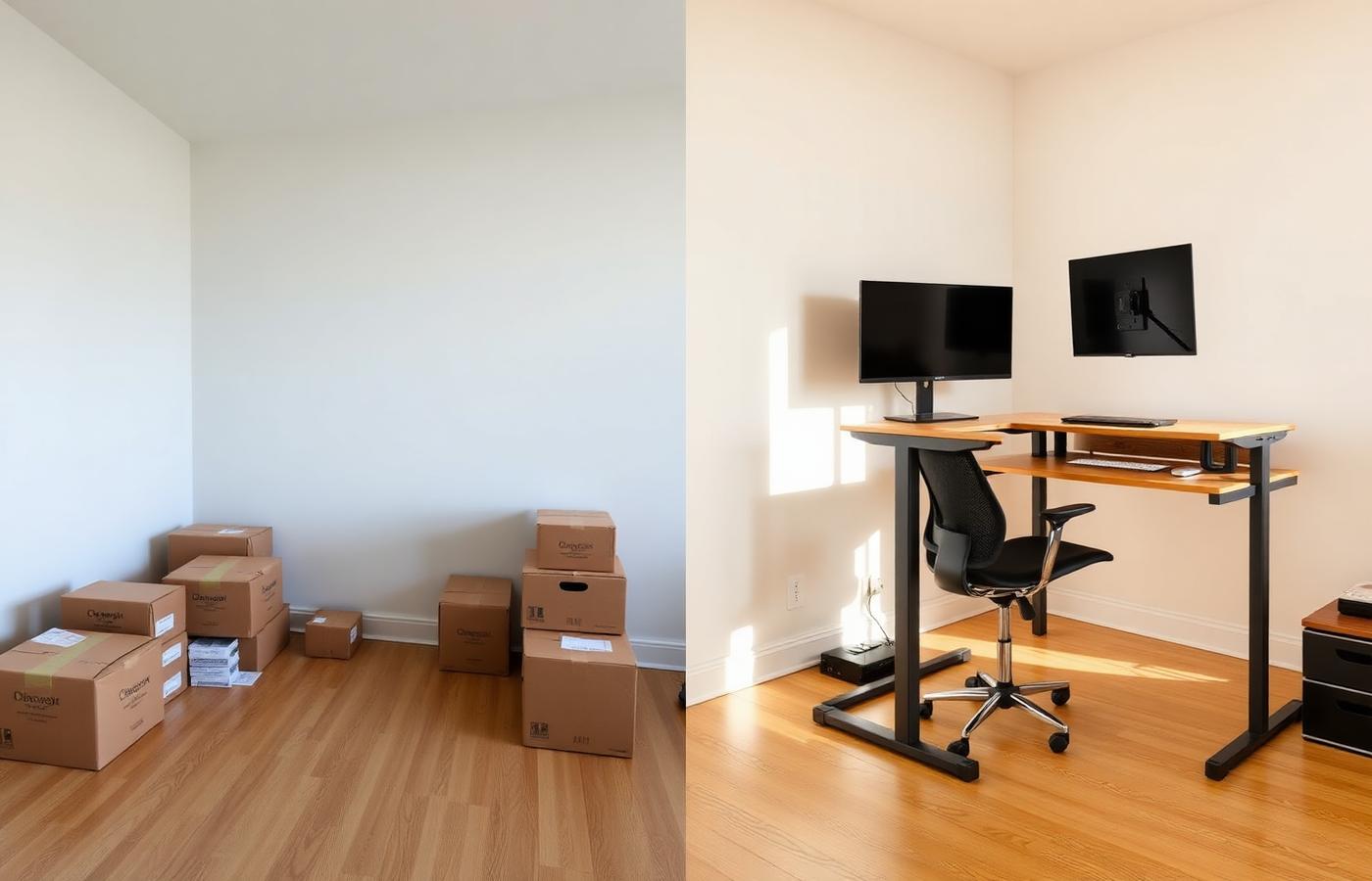 Before and after of a home office: sealed cardboard cartons stacked in an empty room on the left, a finished height-adjustable desk with chair and mounted monitors on the right.