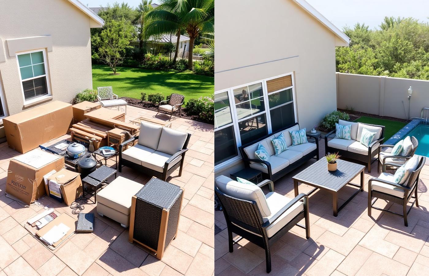 Before and after of a Pompano Beach patio: boxed outdoor furniture and packaging on the pavers on the left, the assembled outdoor sofa, chairs and table with cushions on the right.