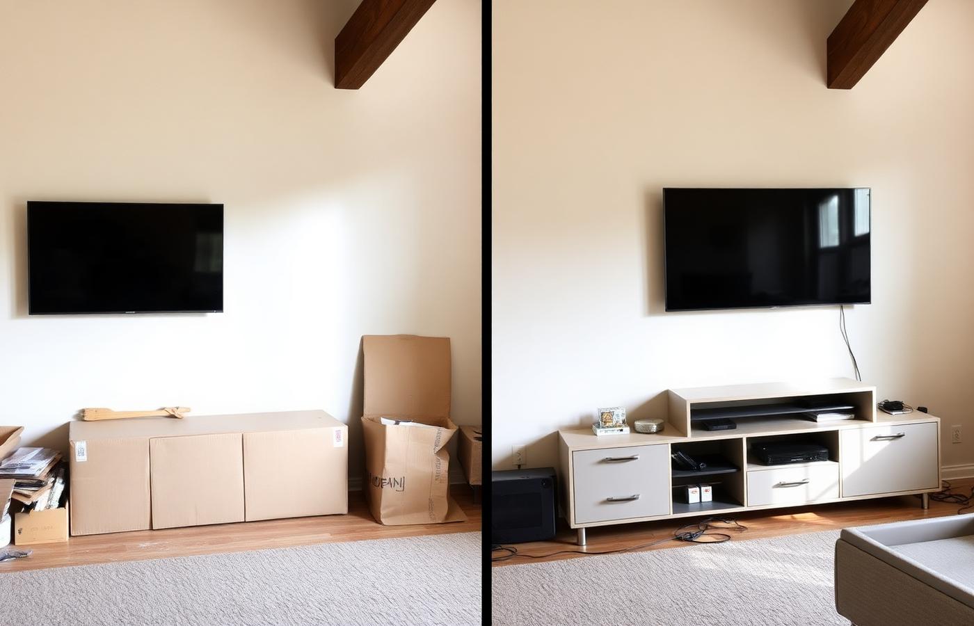 Before and after of a living room media wall: boxed console and packaging on the floor on the left, the assembled low media console with a wall-mounted television above it on the right.