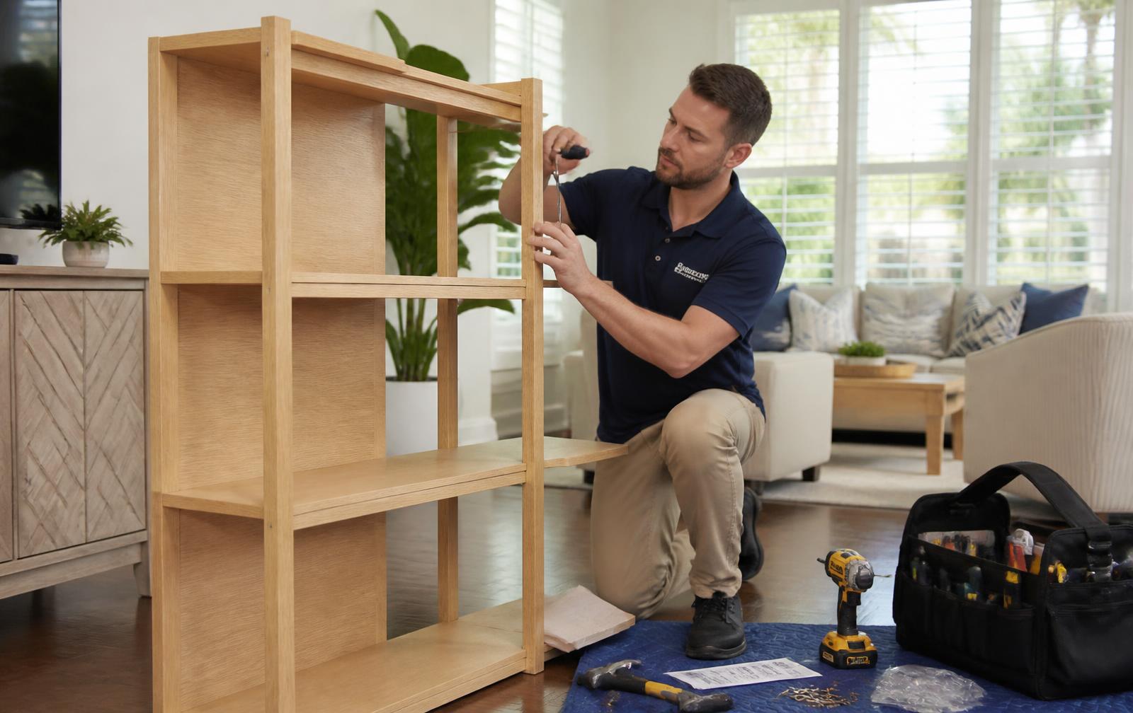 Dr. Handyman Service technician assembling a light-oak bookshelf in a sunlit Broward County living room, with tools and hardware laid out on a protective mat.